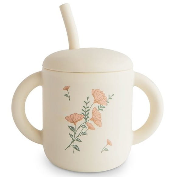 Kubek silikonowy ze słomką Pink Flowers, Mushie