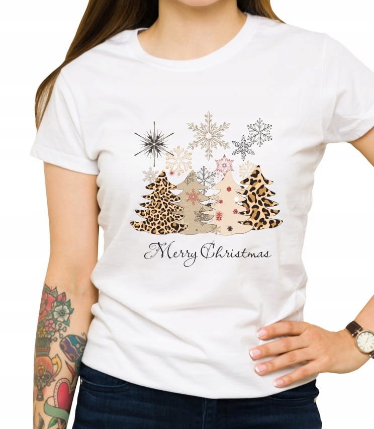 Koszulka choinki w panterkę merry christmas święta Boże Narodzenie, koszulka damska, biała, rozmiar S