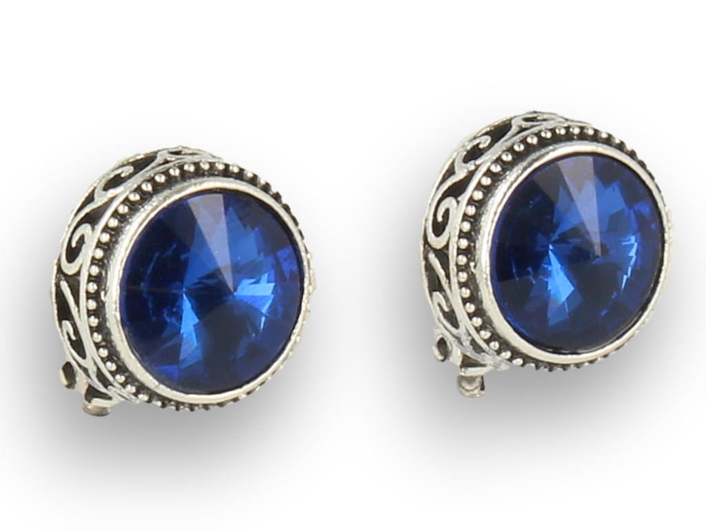 Klipsy do uszu srebrne z granatowym kryształkiem, okrągłe