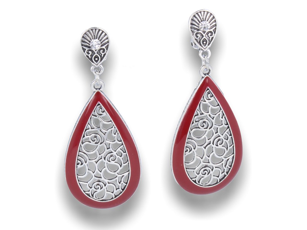 Klipsy do uszu wiszące ażurowe długie srebrno-czerwone