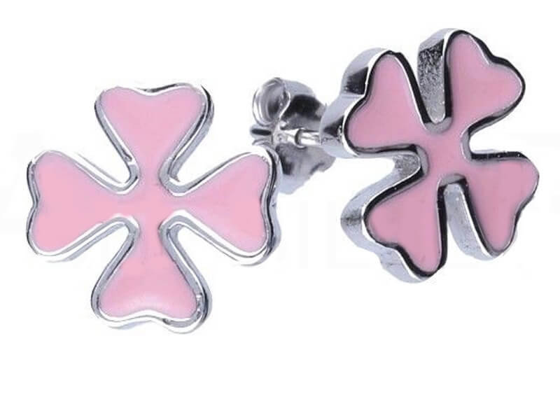 Kolczyki srebrne 925 różowe emaliowane koniczynki na sztyft