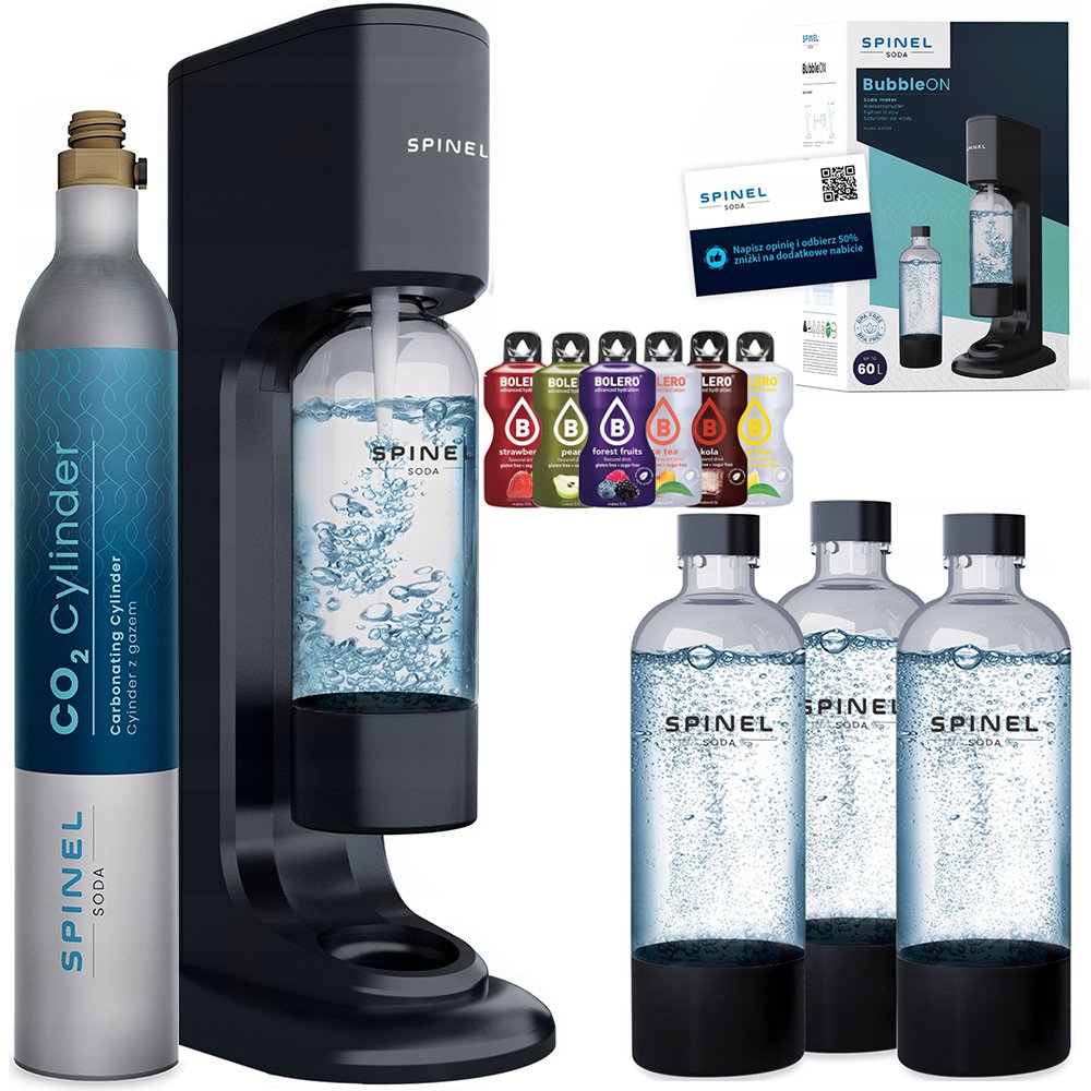Saturator do wody SPINELSODA Bubbleon, 2 szt. - z butelką i syropem Bolero zestaw gazowania wody gazowana bez prądu domowy saturator wody
