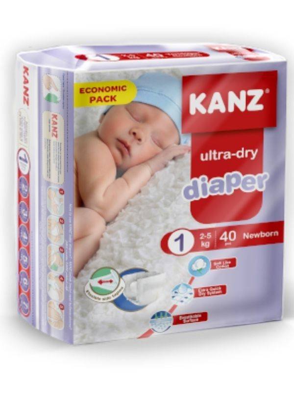 PIELUCHY DZIECIĘCE BAWEŁNIANE DRY ROZMIAR1 NEWBORN 2-5KG 40SZT KANZ