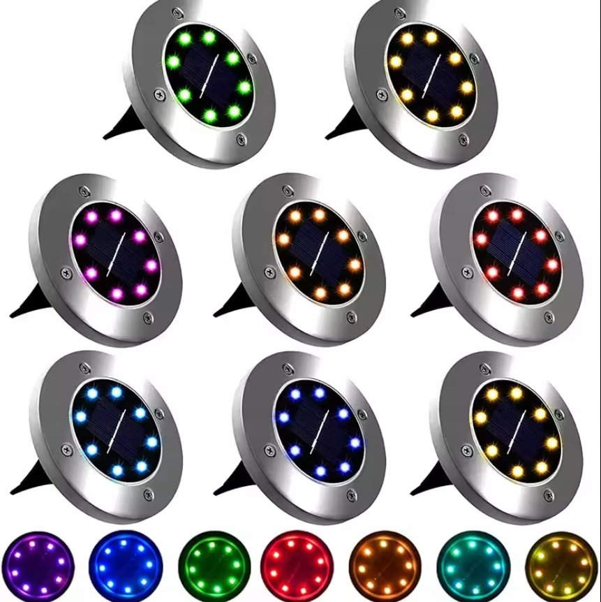 LAMPKI SOLARNE NAJAZDOWE LED RGB x8 WBIJANE OGRODOWE GRUNTOWE LAMPY DYSK