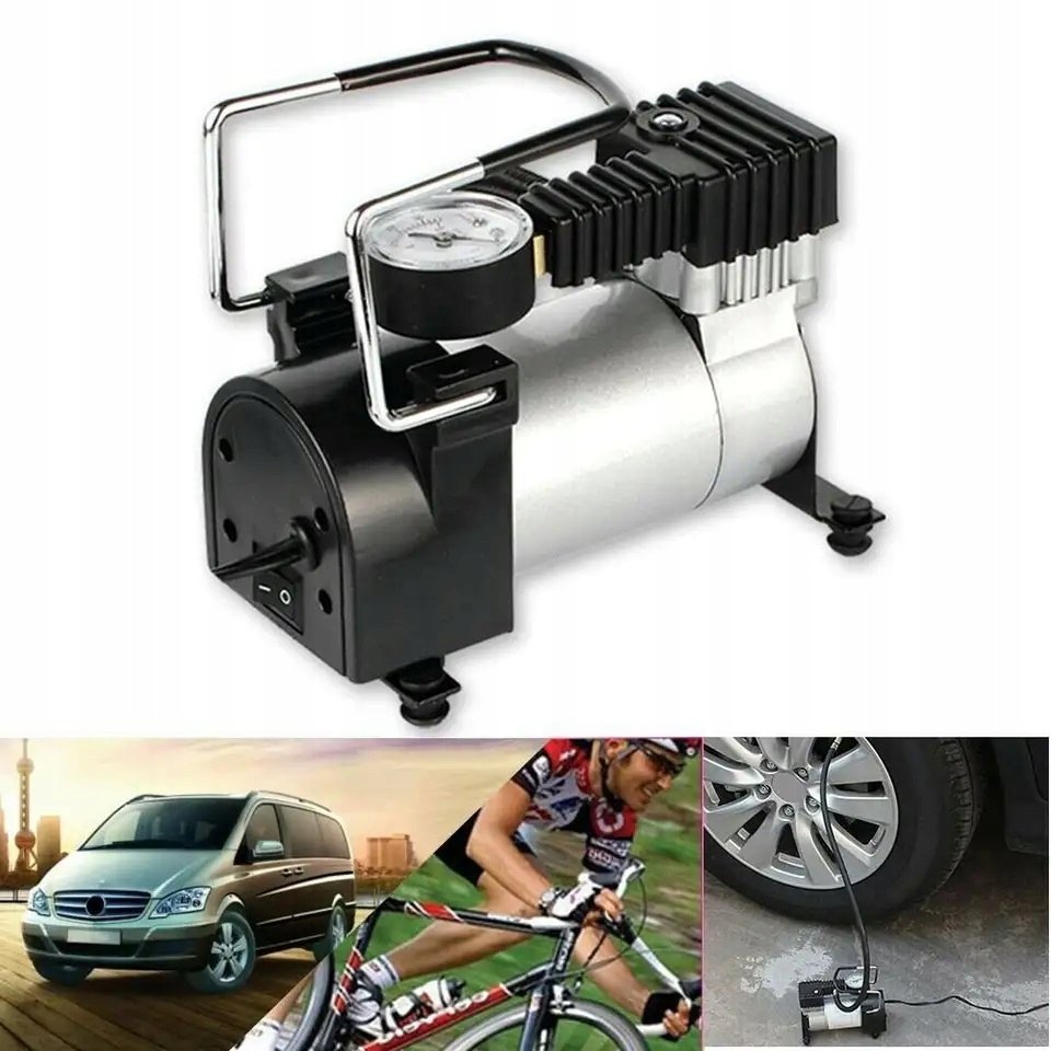 Kompresor Samochodowy SPRĘŻARKA 12V POMPKA METAL 140 PSI KOŃCÓWKI MANOMETR