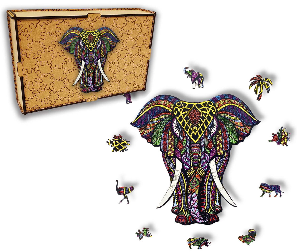 Puzzle Drewniane dla dzieci i dorosłych Słoń Elephant w pudełku drewnianym