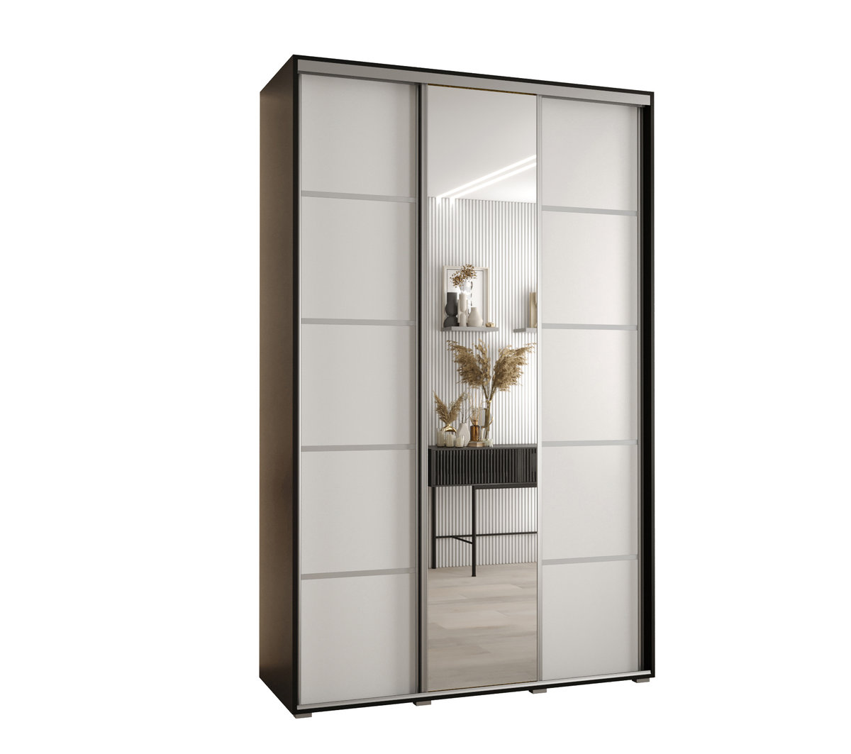 Szafa przesuwna wysoka Davos 5 150 gł. 45 czarny + biały + srebrny / Abiks Meble