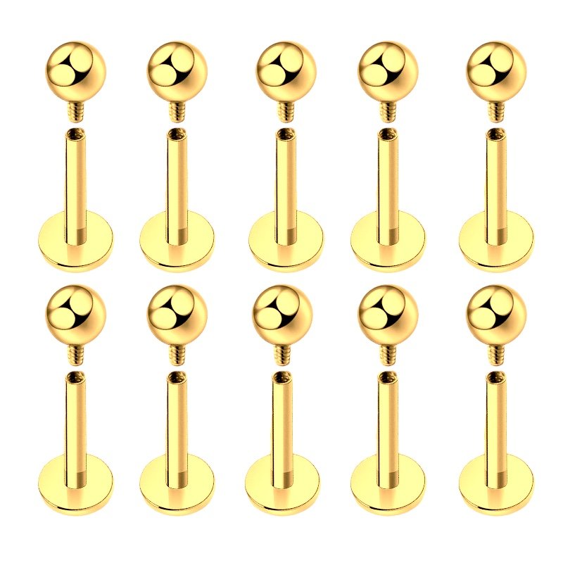 Kolczyk PIERCING Labret Tytanowy Złoty, gwint wew. ZESTAW 10 Sztuk 1,2/8/3