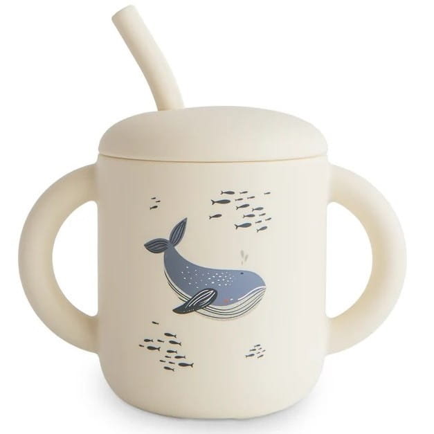 Kubek silikonowy ze słomką Whales, Mushie
