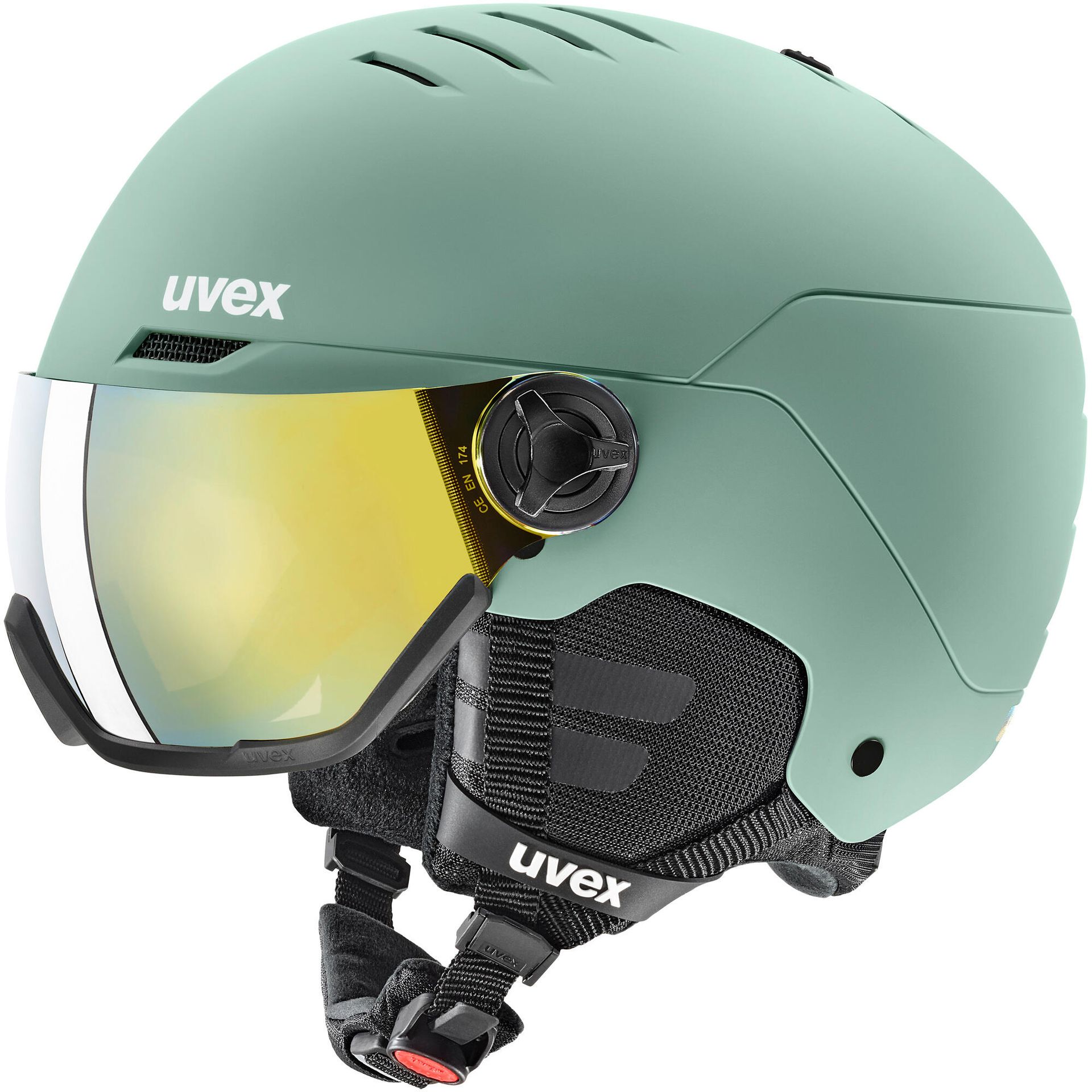 Uvex Wanted Visor, kask narciarski z przyłbicą, jasnozielony