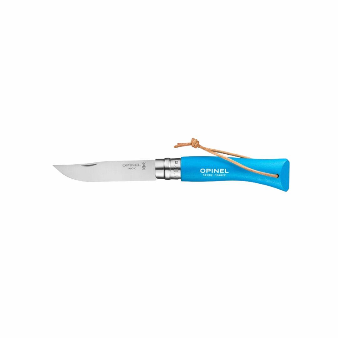 Opinel scyzoryk seria 06 COLORAMA Sport, stal 12C27, nierdzewny, niebieski uchwyt z drewna bukowego, wibrujący wygląd, skórzany sznurek