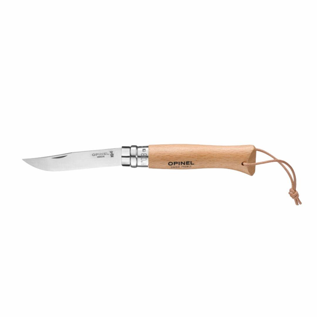 Opinel Scyzoryk No. 8, ze stali nierdzewnej, buk naturalny, z paskiem skórzanym 001321