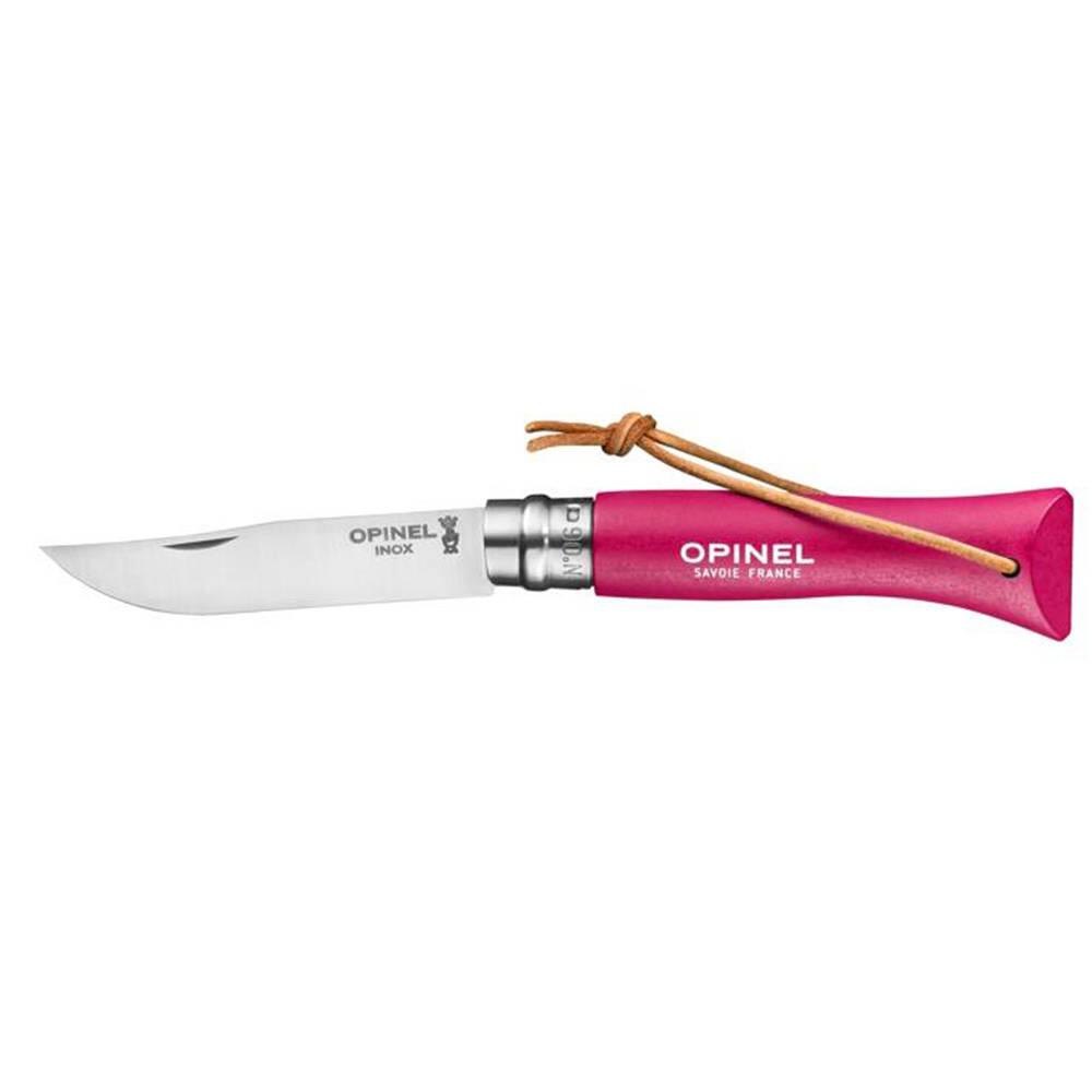 Opinel scyzoryk seria 06 COLORAMA Art Deco, stal 12C27, nierdzewny, czerwony uchwyt z drewna bukowego, wibrujący wygląd, skórzany sznurek
