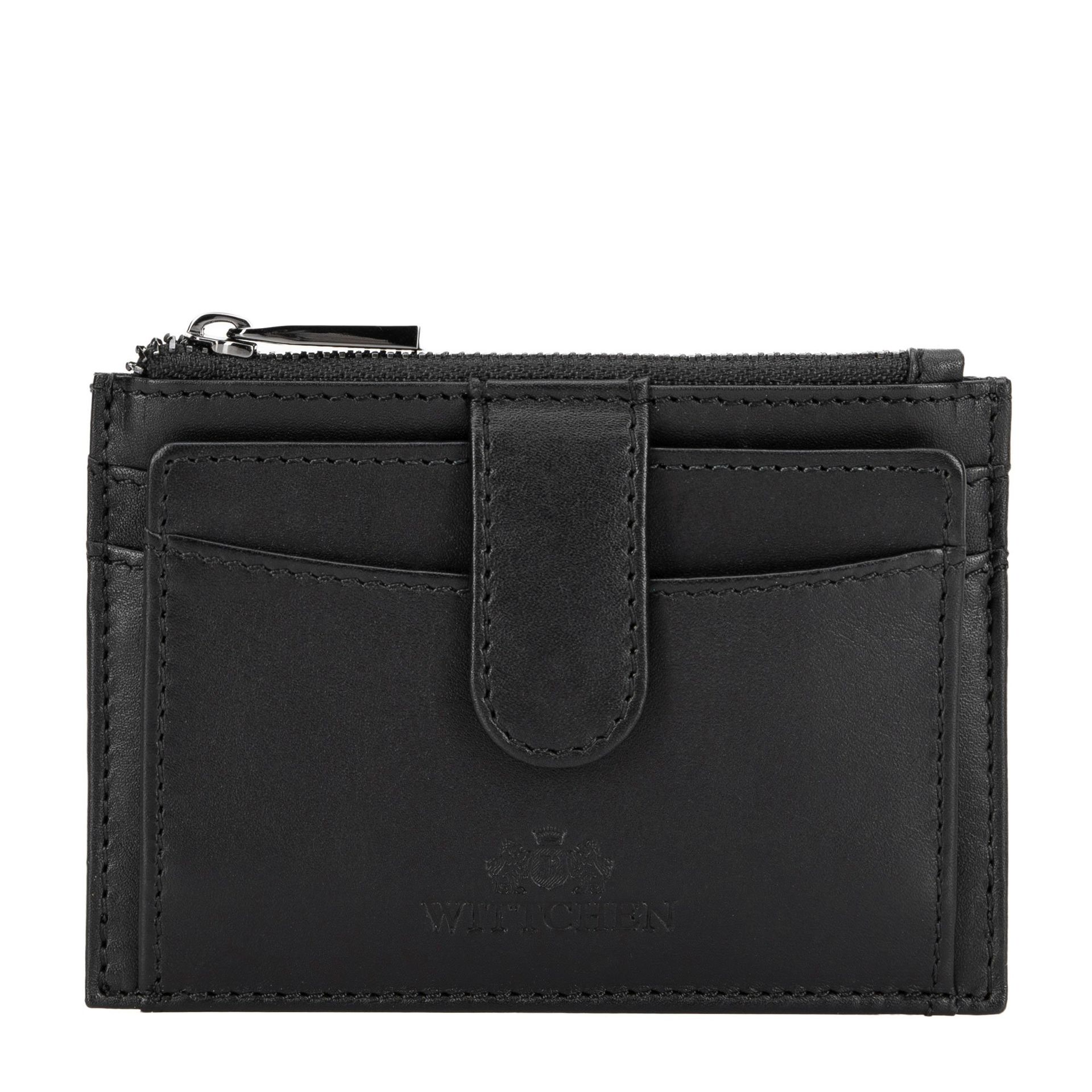 Skórzane etui na karty z kieszonką na brelok zbliżeniowy czarne