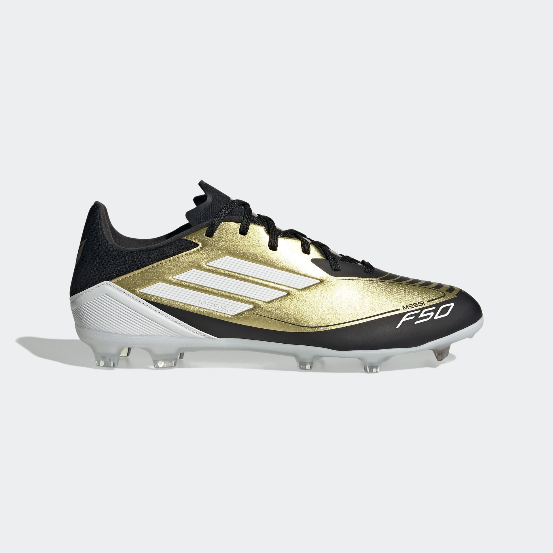 adidas Unisex F50 League Messi Buty piłkarskie Firm Ground Shoes, Gold Met Ftwr Biały Rdzeń Czarny, 43 1/3 EU