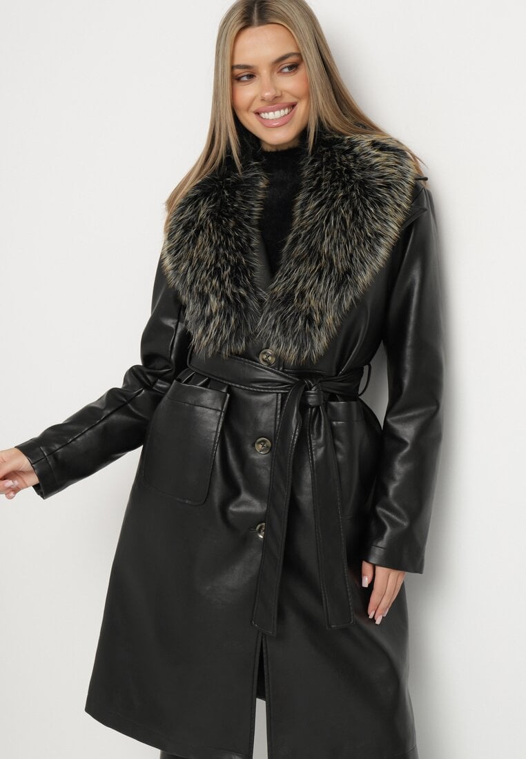 Czarny Jednorzędowy Płaszcz z Imitacji Skóry z Wiązanym Paskiem i Odpinanym Futrem Semivora