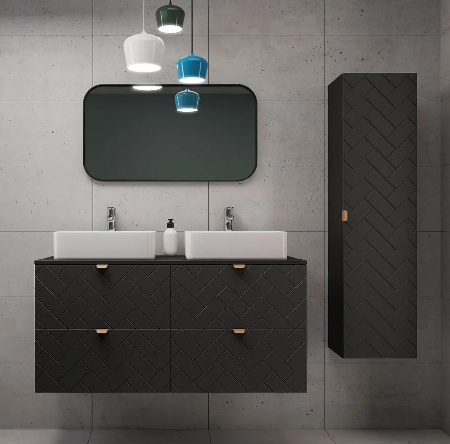 Czarny komplet do łazienki słupek i 2 szafki pod umywalkę 60 R7-S05