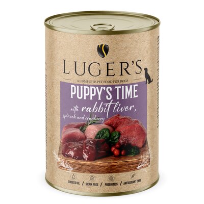 Karma dla psa LUGER'S Puppy's Time z wątróbką z królika, szpinakiem i żurawiną 400 g