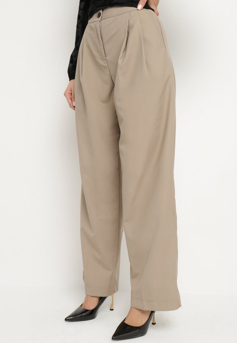 Beżowe Szerokie Spodnie Garniturowe High Waist Nalinas