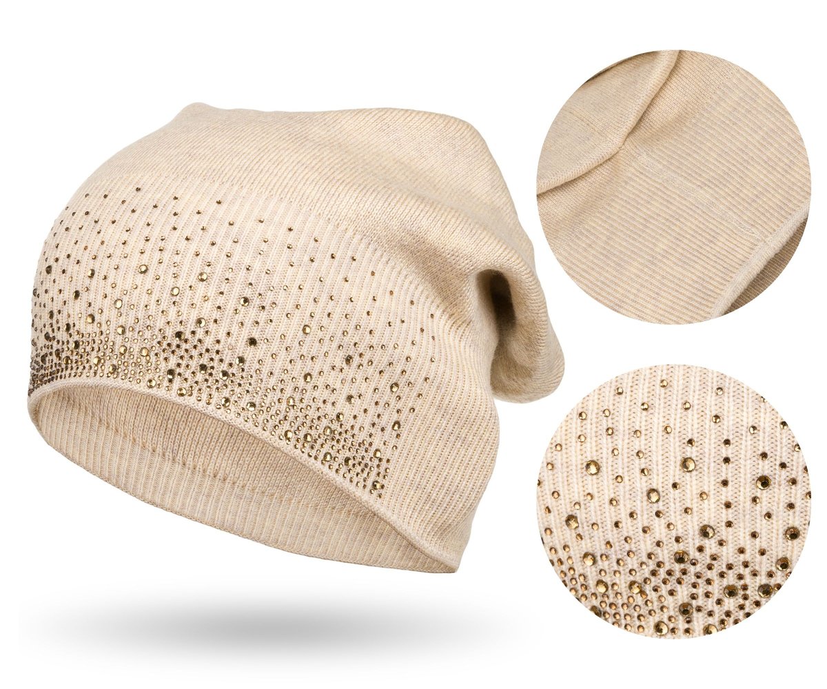 Czapka beanie damska stylowa z kryształkami ciepła jesienna zimowa PETERSON