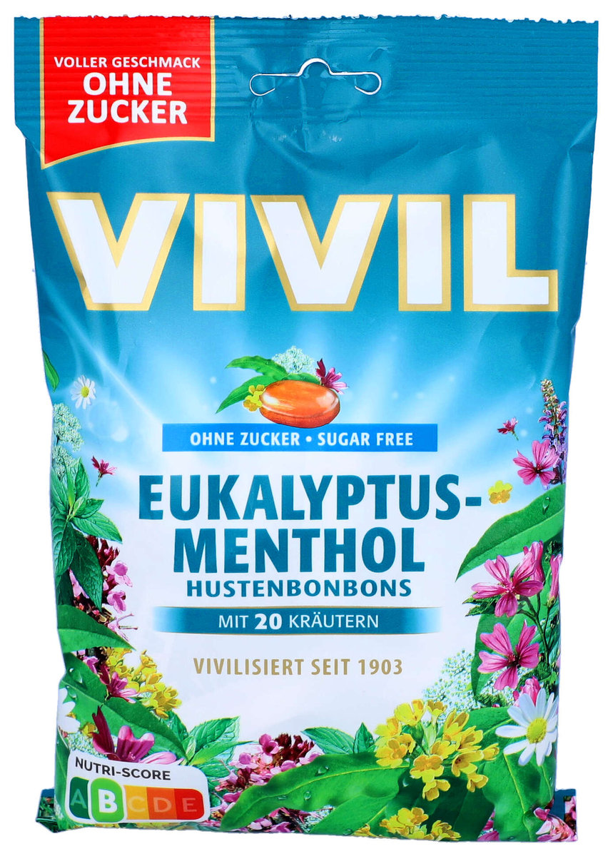 Vivil, cukierki bez cukru, eukaliptusowo-mentolowe z ekstraktem 20 ziół, 120g