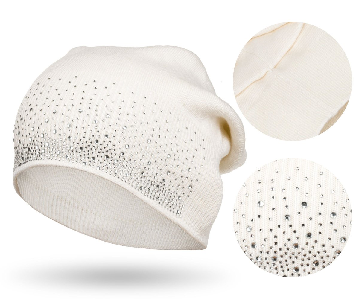 Czapka damska PETERSON beanie biała elegancka z kryształkami na zimowe dni
