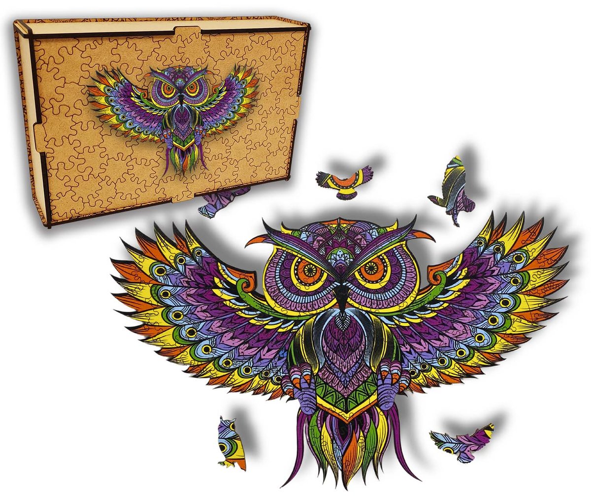 Puzzle Drewniane dla dzieci i dorosłych Sowa Owl w pudełku drewnianym