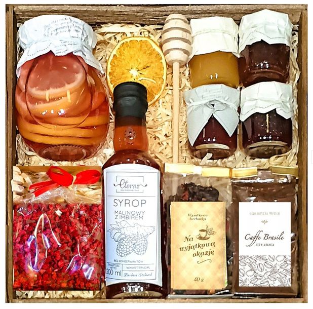 Kosz Prezentowy Prezent Upominek Herbata Miód Czekolada Syrop Malina Kawa