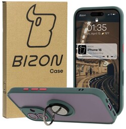 Bizon Etui z uchwytem na palec Case Hybrid Ring do iPhone 16, przydymione z ciemnozieloną ramką