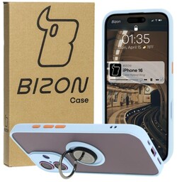 Bizon Etui z uchwytem na palec Case Hybrid Ring do iPhone 16, przydymione z jasnoniebieską ramką