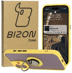 Bizon Etui z uchwytem na palec Case Hybrid Ring do iPhone 16, przydymione z żółtą ramką