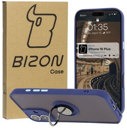 Bizon Etui z uchwytem na palec Case Hybrid Ring do iPhone 16 Plus, przydymione z granatową ramką