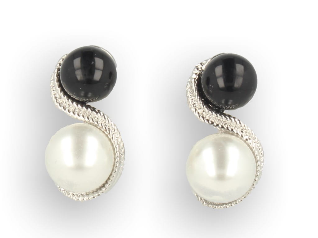 Klipsy do uszu dwie perełki biała czarna srebrne