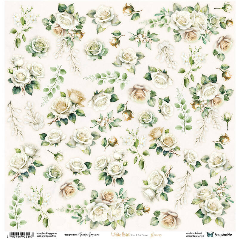 Papier do scrapbookingu 30x30 - ScrapAndMe - White Roses - Flowers - arkusz do wycinania