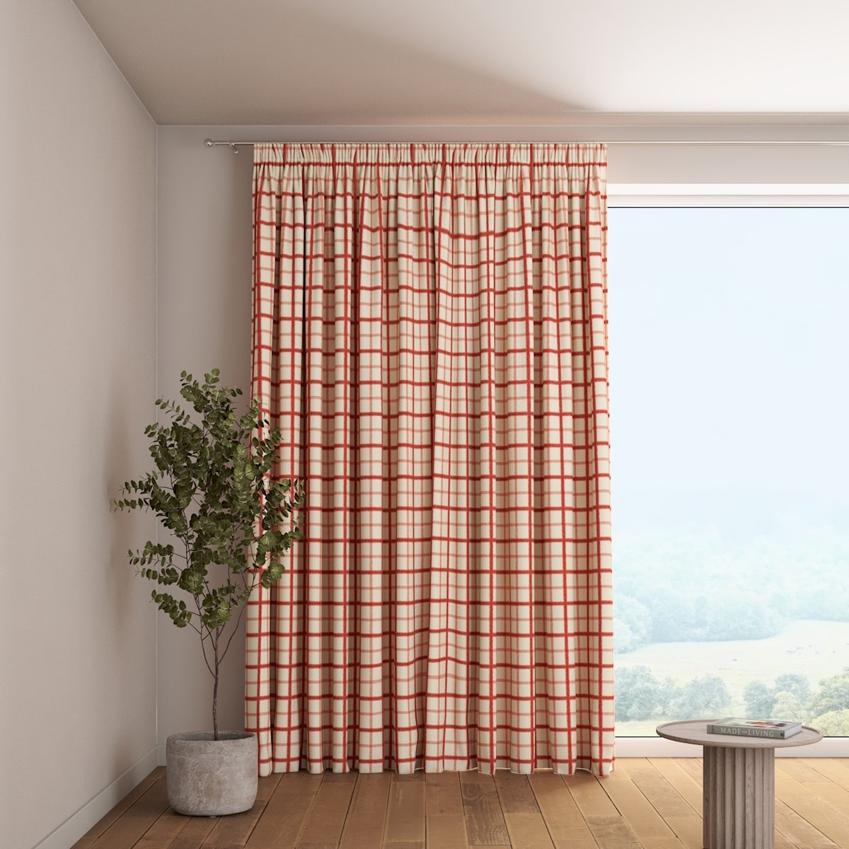 Zasłona na taśmie marszczącej 1 szt., czerwona kratka na tle ecru, Avinon