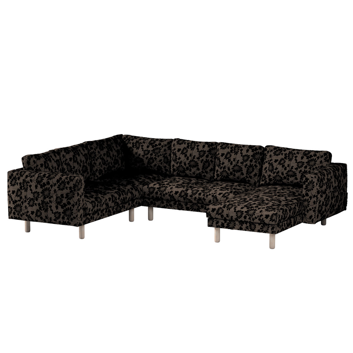 Pokrowiec na sofę narożną Norsborg 5-osobową z szezlongiem, czarne kwiaty na brązowym tle, 231/291 x 88/157 x 85 cm, Living II