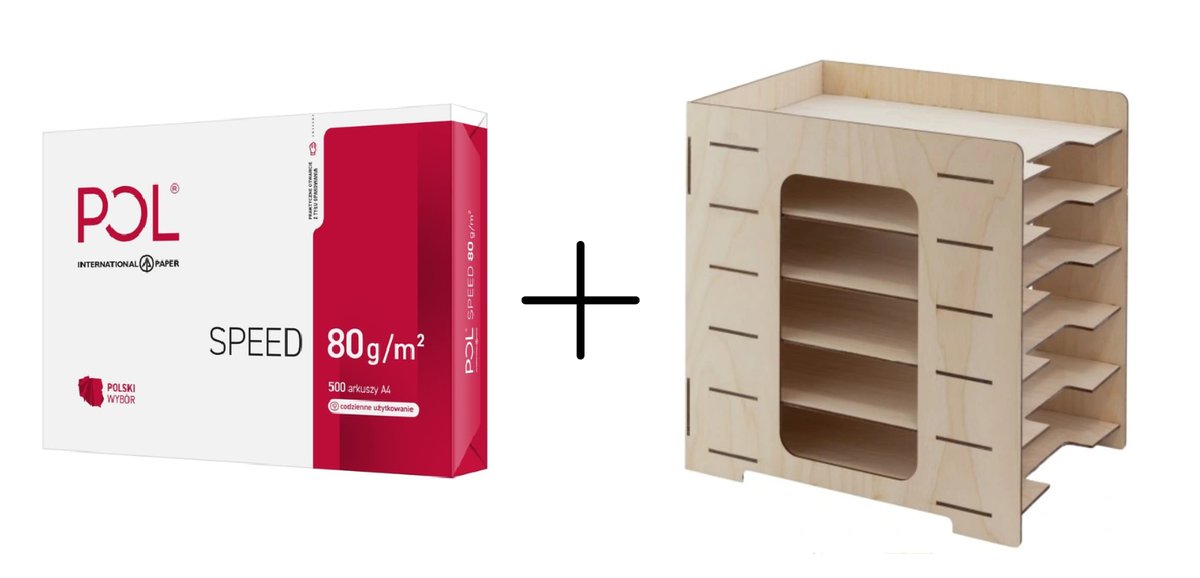 Zestaw ryza papieru biurowego PolSpeed + drewniany organizer na dokumenty