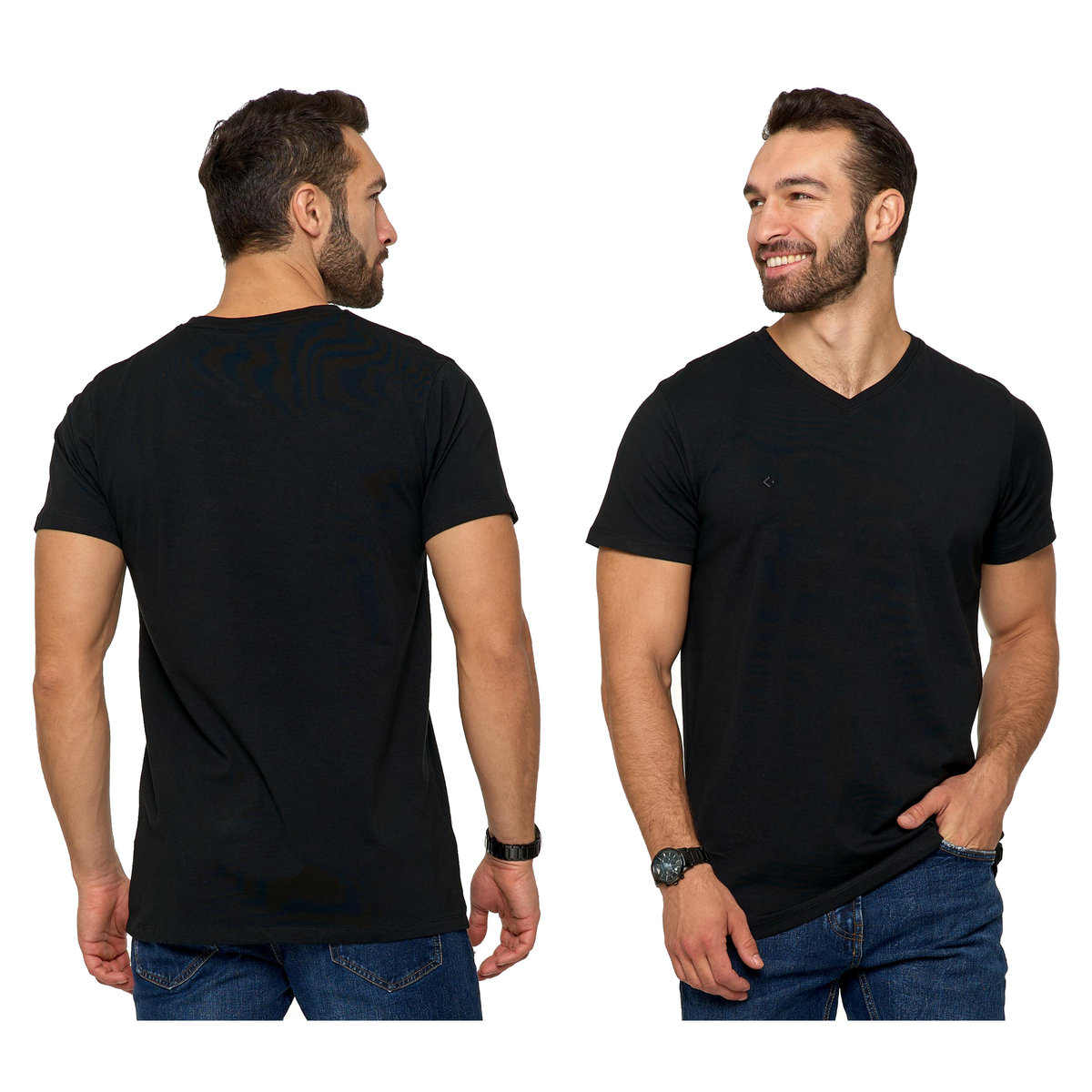Czarna Koszulka Męska T-shirt Serek Slim Fit r. L