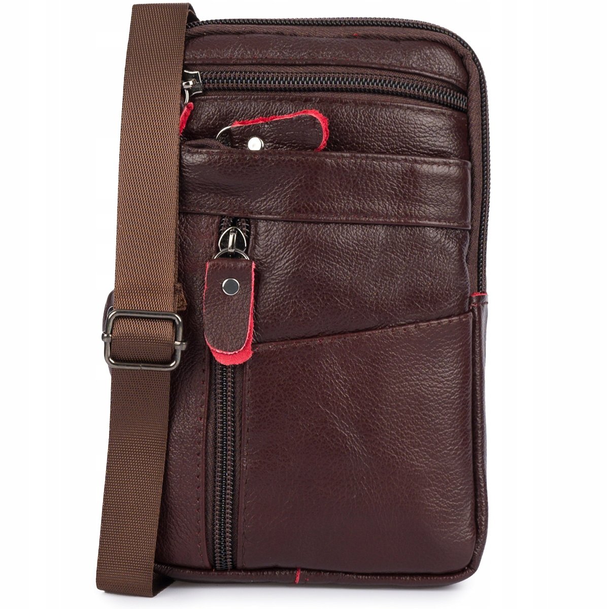 Saszetka Męska Do Paska Na Ramię Telefon Portfel Skórzana Pojemna Bordowa