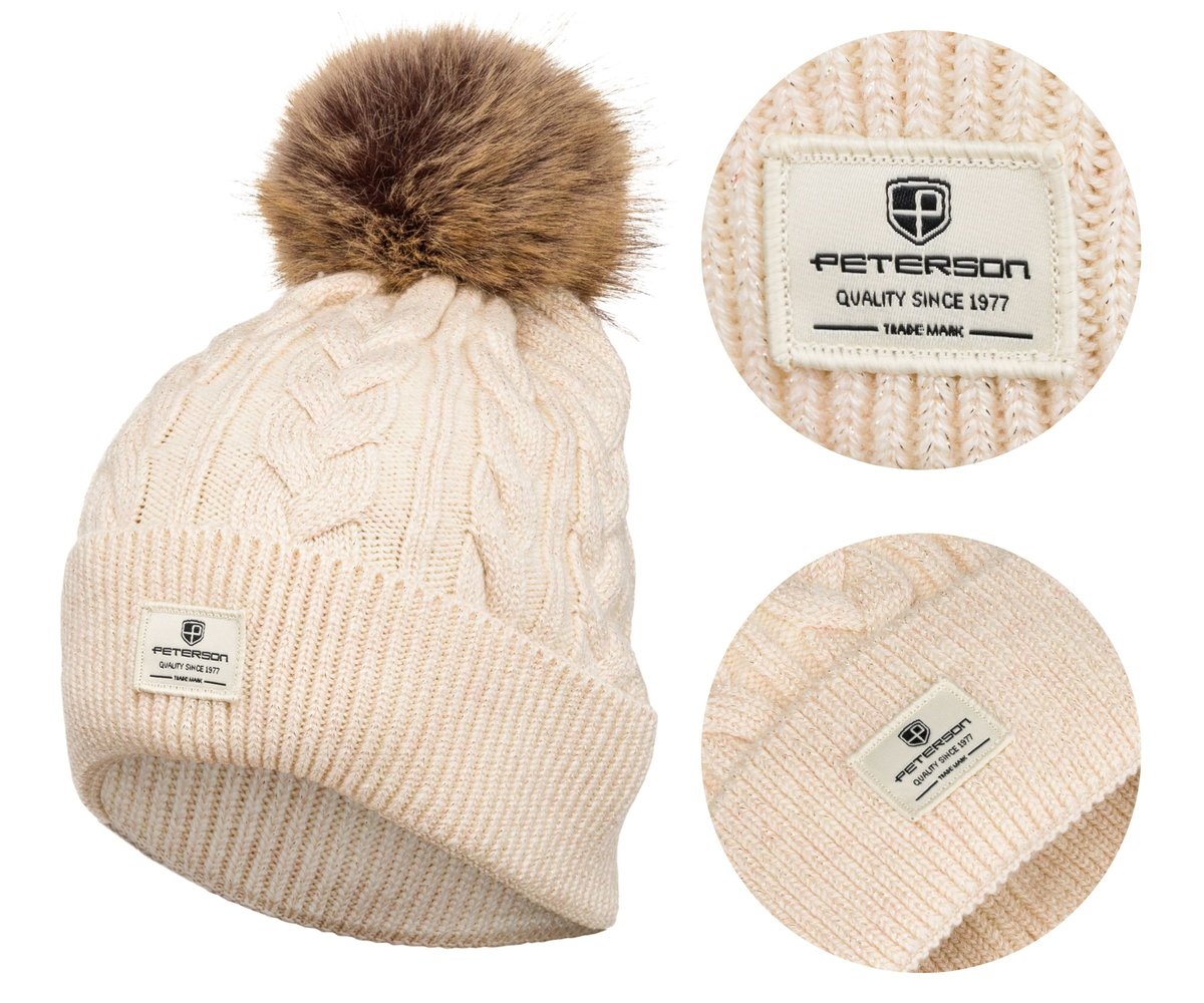 Czapka zimowa damska z pomponem beżowa PETERSON ze srebrną nitką cieplutka