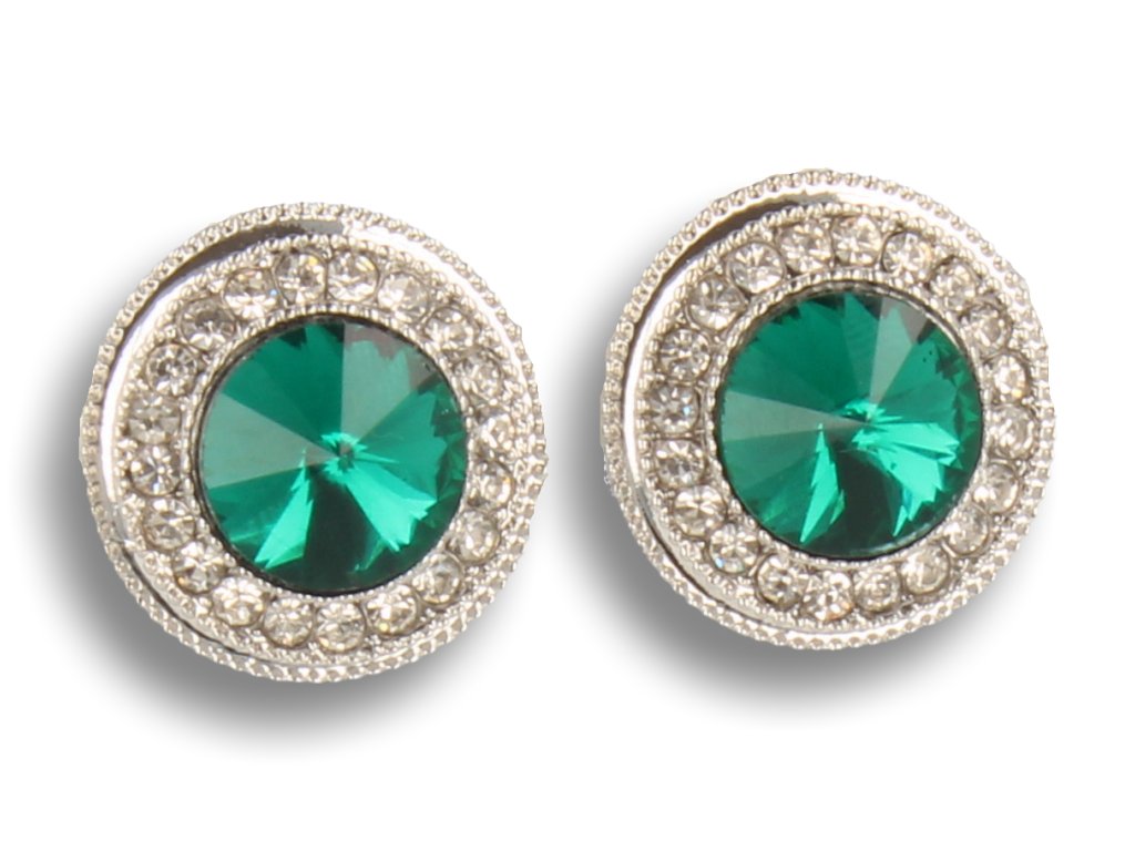 Klipsy do uszu srebrne, okrągłe z zieloną perełką