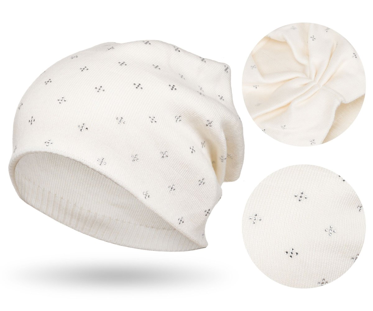 Cienka czapka zimowa beanie damska biała z kryształkami fason slouchy PETERSON