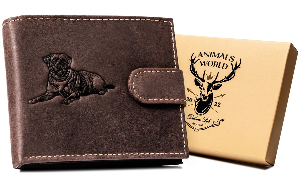 ALWAYS WILD Duży poziomy portfel męski na zatrzask skóra naturalna brązowy nubuk rozbudowany na karty elegancki prezent ochrona RFID