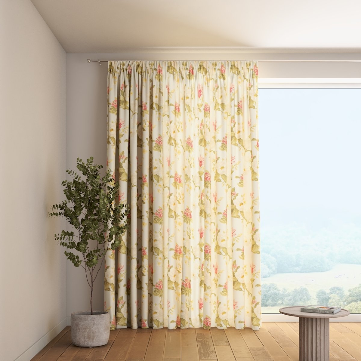 Zasłona na taśmie marszczącej 1 szt., duże kwiaty na niebieskim tle, Londres