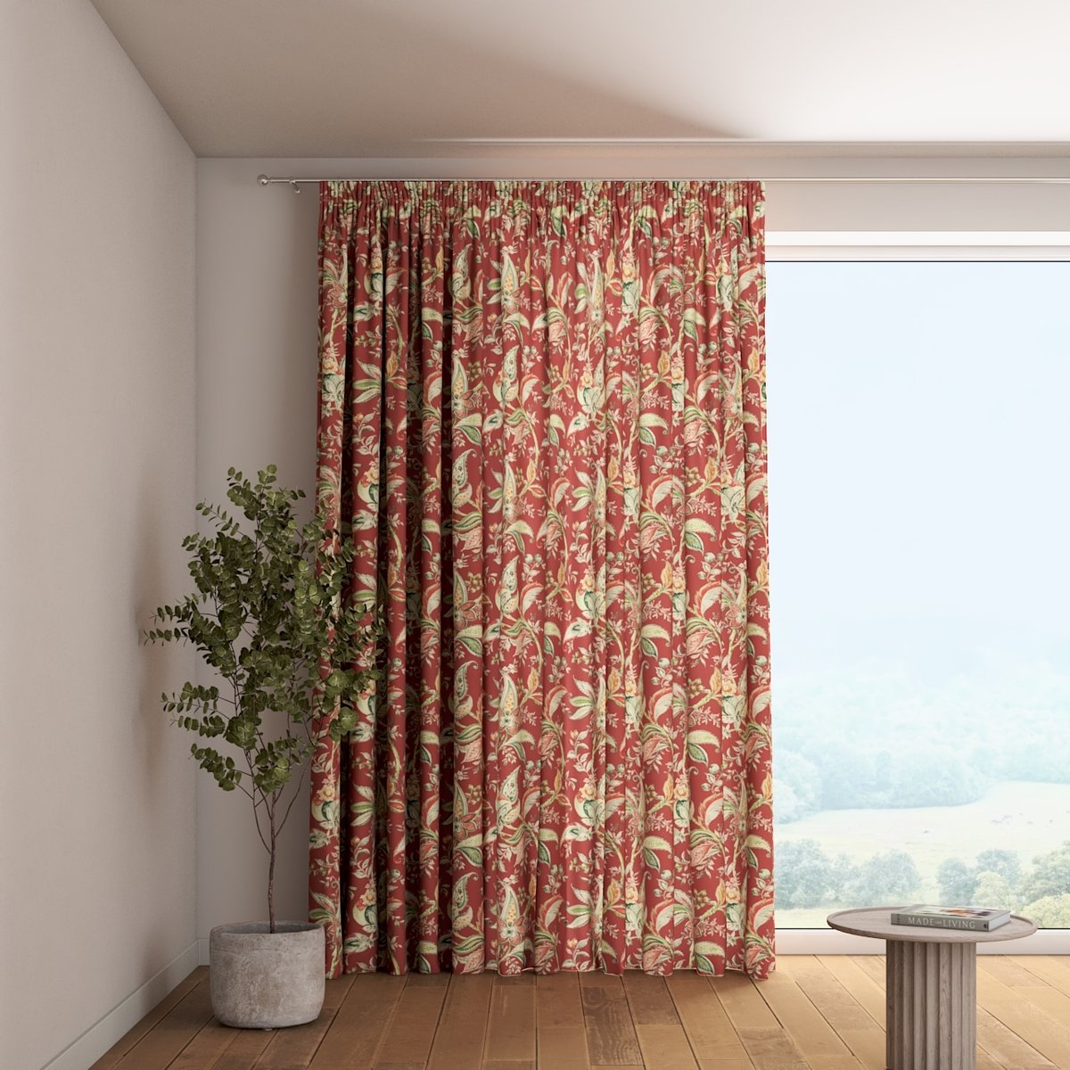 Zasłona na taśmie marszczącej 1 szt., wzory roślinne i kwiatowe na czerwono-ceglanym tle, Gardenia