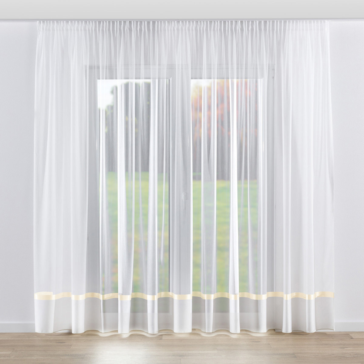 Firana na taśmie, ecru z satynowym złotym pasem na dole, Woale i firany