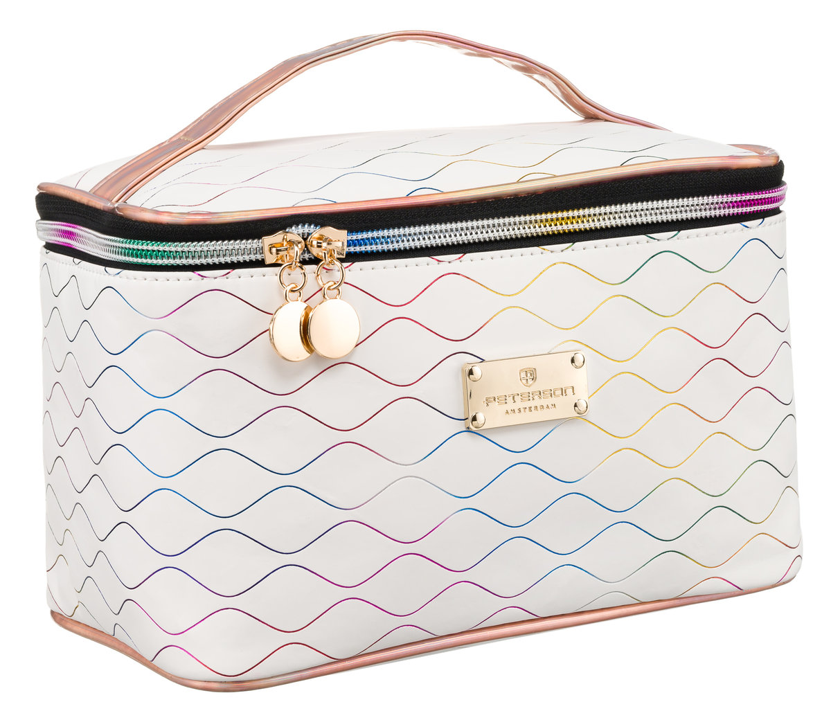 PETERSON Pojemna i funkcjonalna kosmetyczka damska białą na suwak organizer podróżny kuferek uchwyt do przenoszenia przegródki na pędzle kosmetyki e..