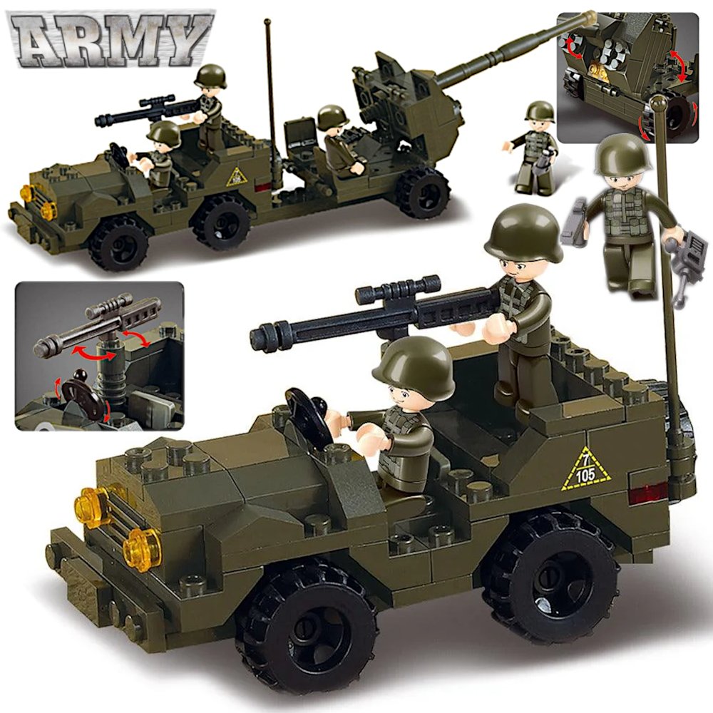 Klocki Jeep Wojskowy Armata DZIAŁO ARMIA 3 Figurki Wojsko Auto