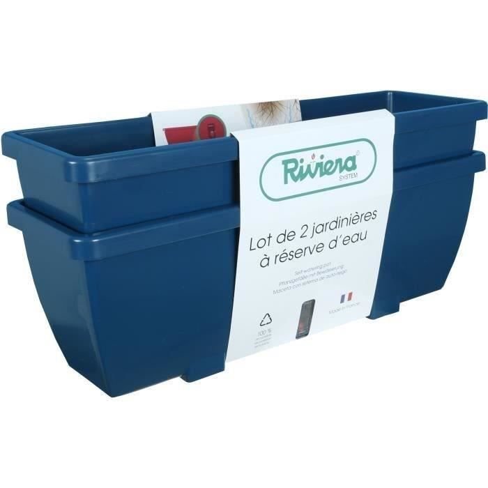 Skrzynka na kwiaty RIVIERA EVA - Zestaw 2 doniczek - Plastik - 57 cm - Niebieski