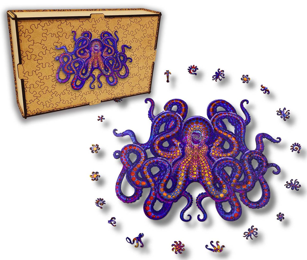 Puzzle Drewniane dla dzieci i dorosłych Prezent Ośmiornica Octopus w pudełku drewnianym